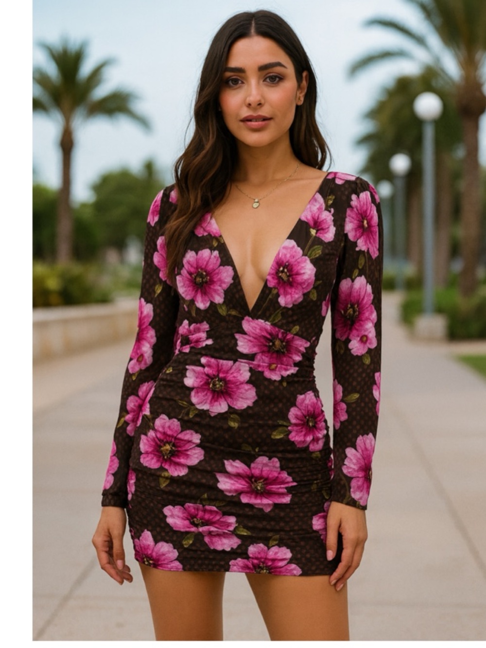 Lovers + Friends Floral Ruched Mini Dress Open Back Brown Pink XS NWT